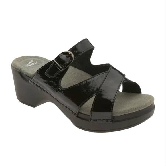 Dansko | Women’s Sela Sandals Open Toe Black Patent Leather Buckle Crisscross 38 - Picture 1 of 10